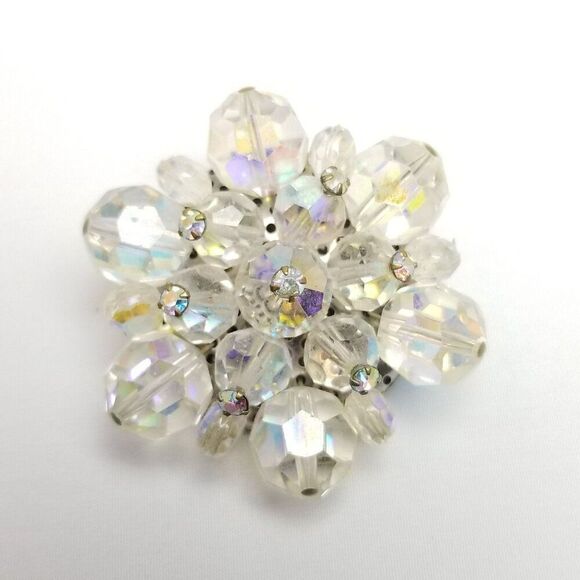 Vintage Beaded AB Cluster Brooch, Flower Snowflake Shape Lapel Pin, Estate - Picture 5 of 6